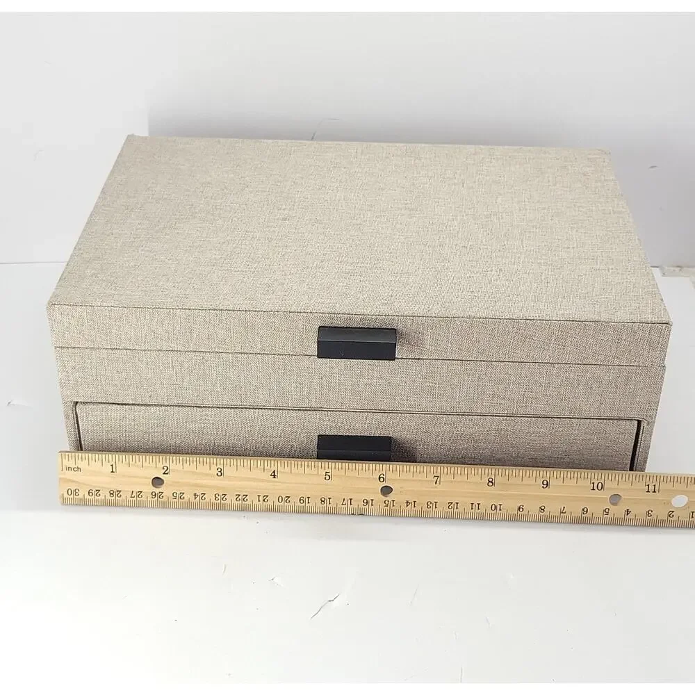 Jewelry Box 2 Tier Organizer Mirror Ring Storage Fabric Covered Beige